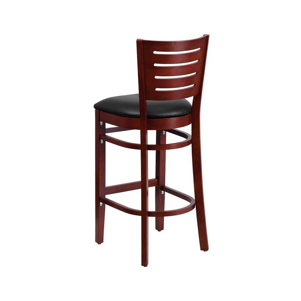 Darby Series Slat Back Mahogany Wood Restaurant Barstool - Black Vinyl Seat