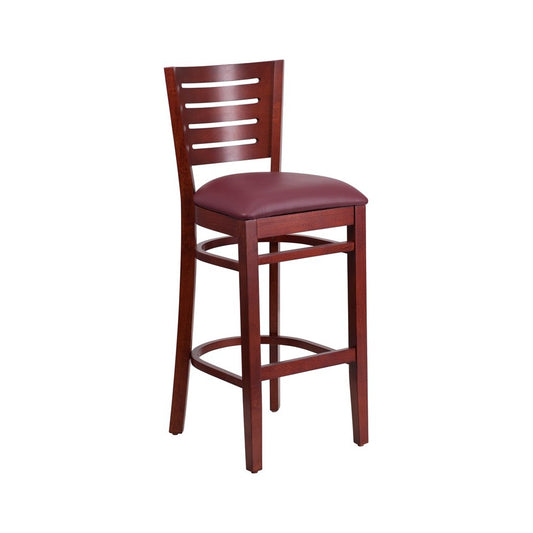 Darby Series Slat Back Mahogany Wood Restaurant Barstool - Burgundy Vinyl Seat