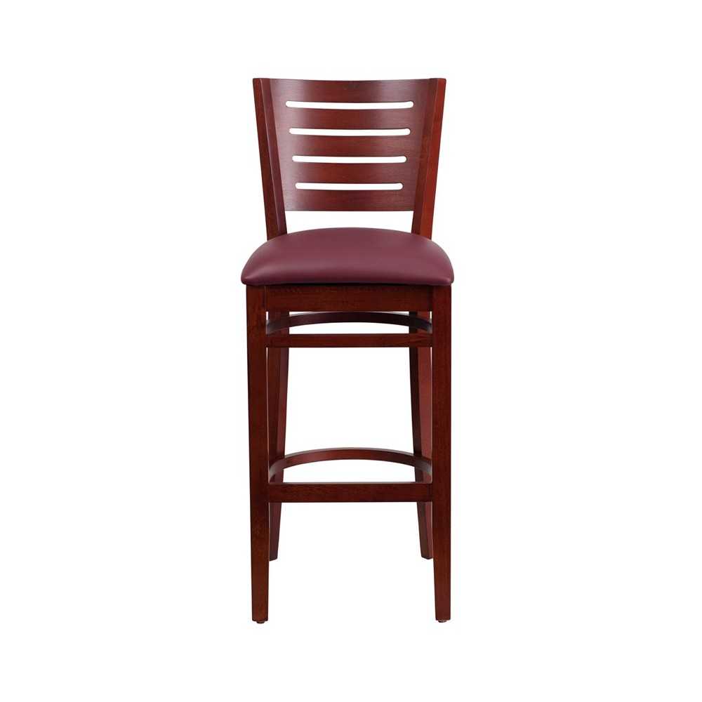 Darby Series Slat Back Mahogany Wood Restaurant Barstool - Burgundy Vinyl Seat