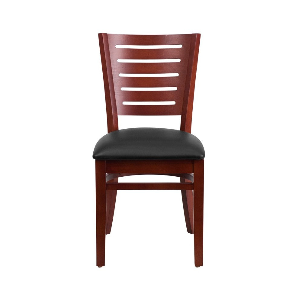 Darby Series Slat Back Mahogany Wood Restaurant Chair - Black Vinyl Seat