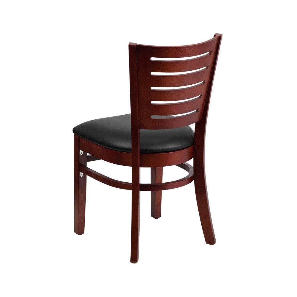 Darby Series Slat Back Mahogany Wood Restaurant Chair - Black Vinyl Seat
