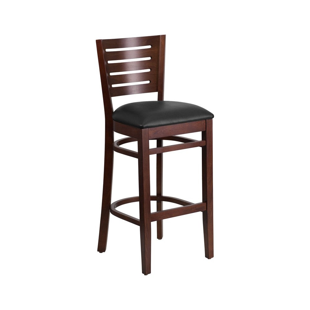 Darby Series Slat Back Walnut Wood Restaurant Barstool - Black Vinyl Seat