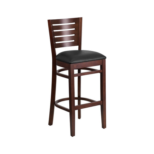 Darby Series Slat Back Walnut Wood Restaurant Barstool - Black Vinyl Seat