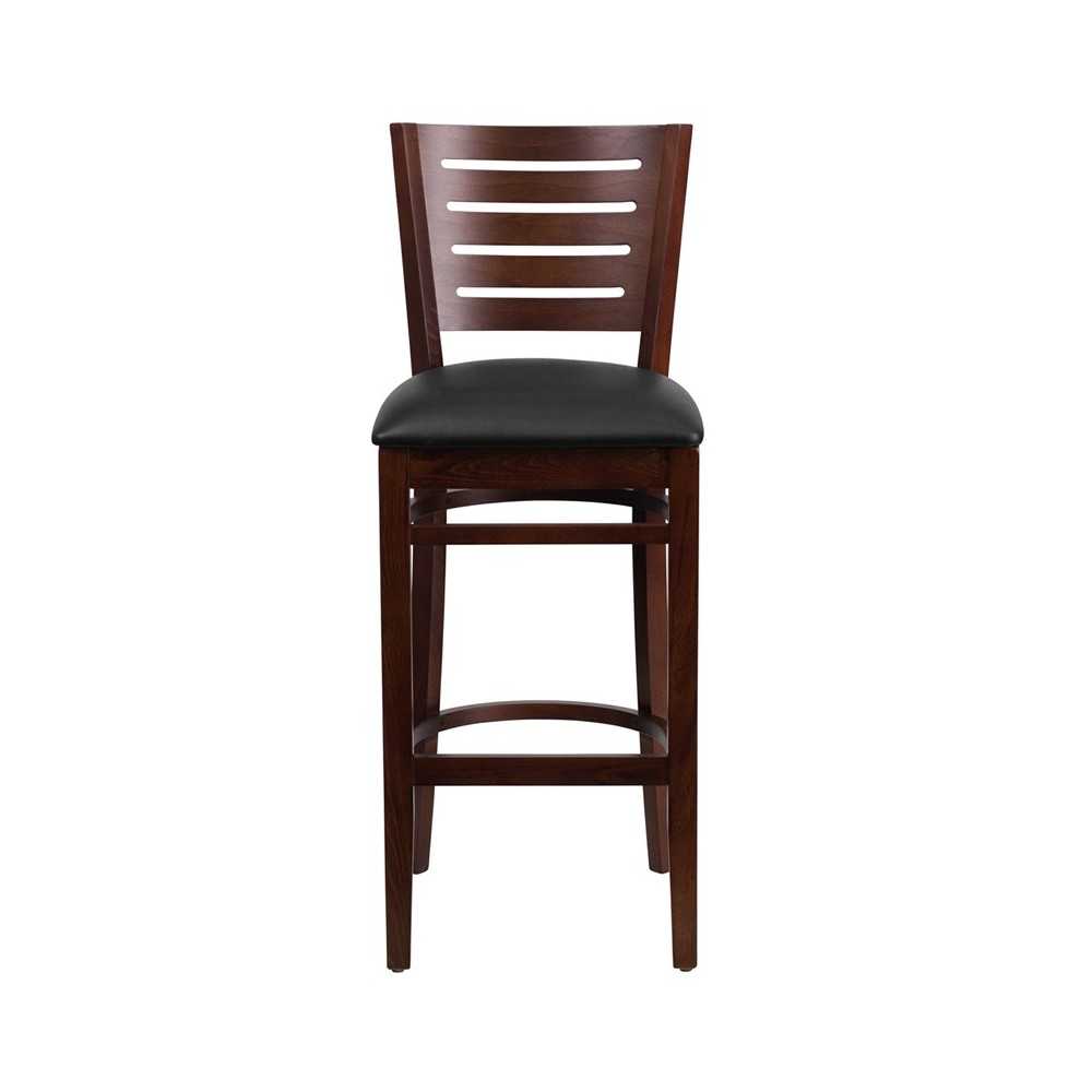 Darby Series Slat Back Walnut Wood Restaurant Barstool - Black Vinyl Seat