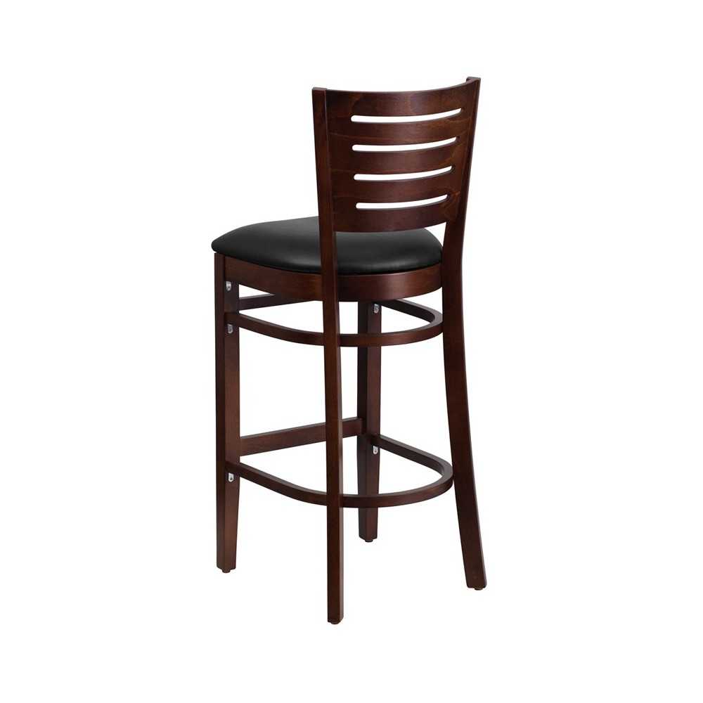 Darby Series Slat Back Walnut Wood Restaurant Barstool - Black Vinyl Seat