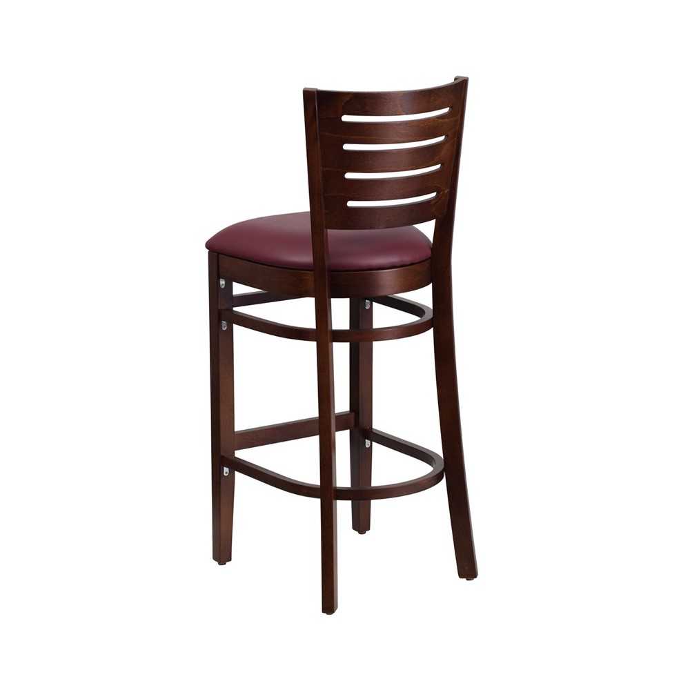 Darby Series Slat Back Walnut Wood Restaurant Barstool - Burgundy Vinyl Seat