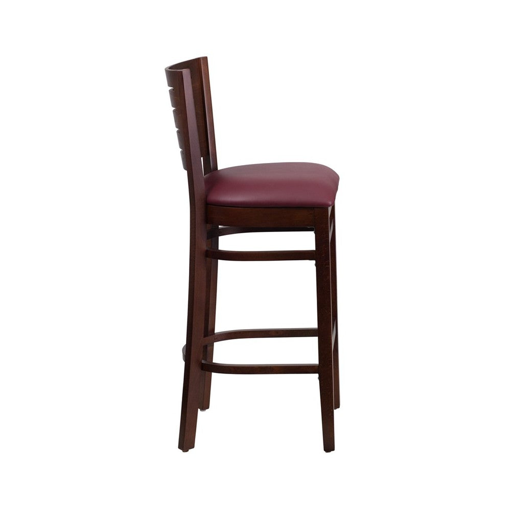 Darby Series Slat Back Walnut Wood Restaurant Barstool - Burgundy Vinyl Seat