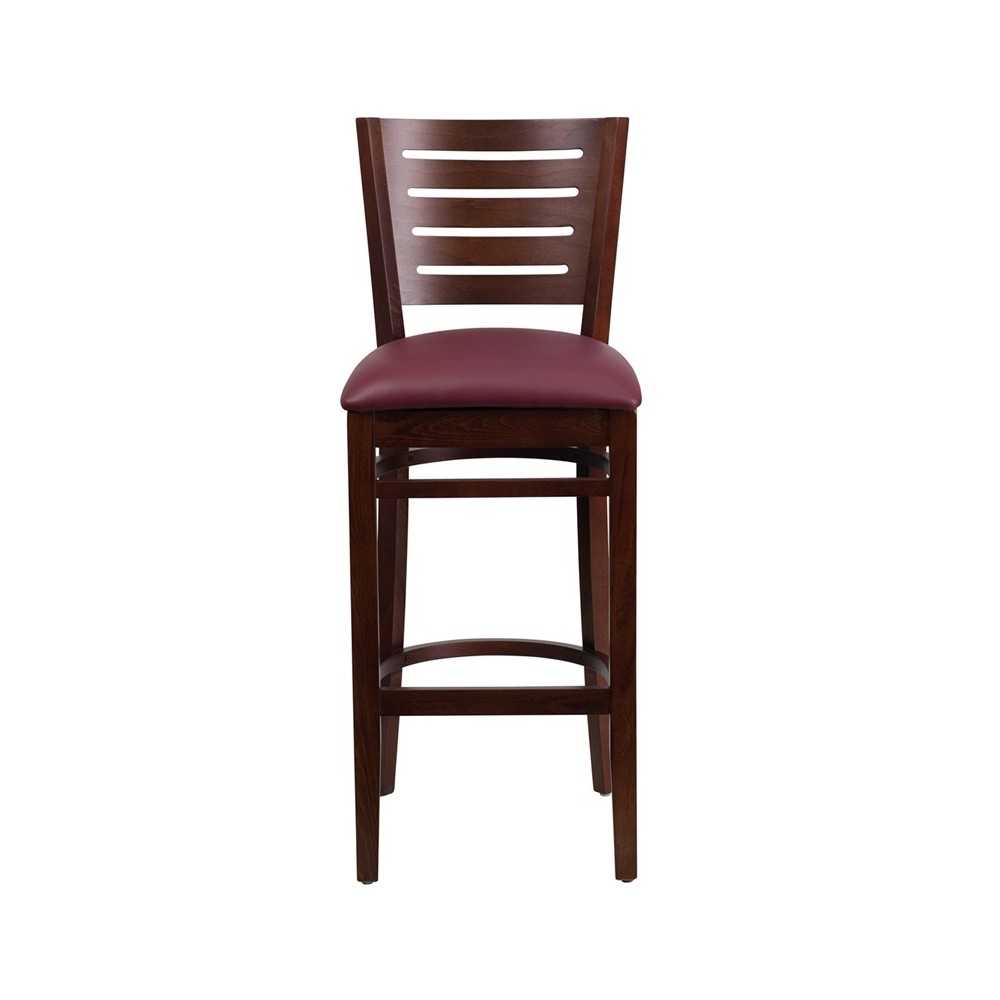 Darby Series Slat Back Walnut Wood Restaurant Barstool - Burgundy Vinyl Seat