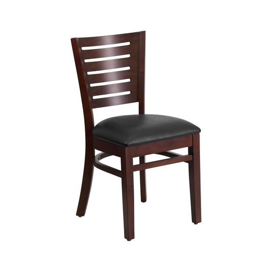 Darby Series Slat Back Walnut Wood Restaurant Chair - Black Vinyl Seat