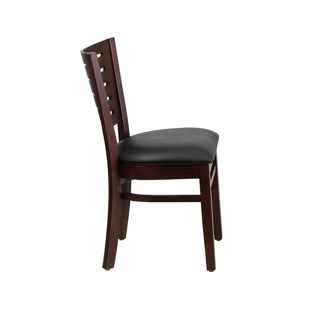 Darby Series Slat Back Walnut Wood Restaurant Chair - Black Vinyl Seat