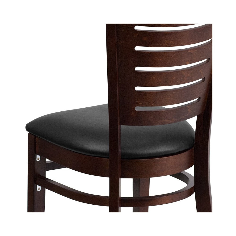 Darby Series Slat Back Walnut Wood Restaurant Chair - Black Vinyl Seat