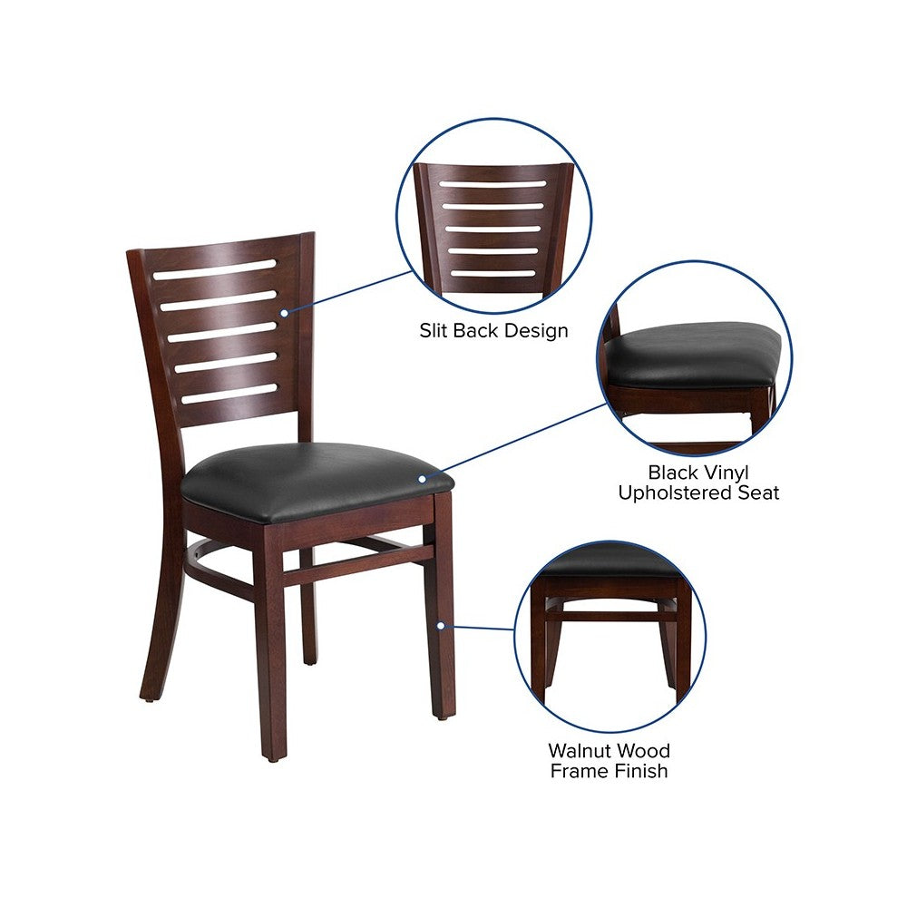 Darby Series Slat Back Walnut Wood Restaurant Chair - Black Vinyl Seat