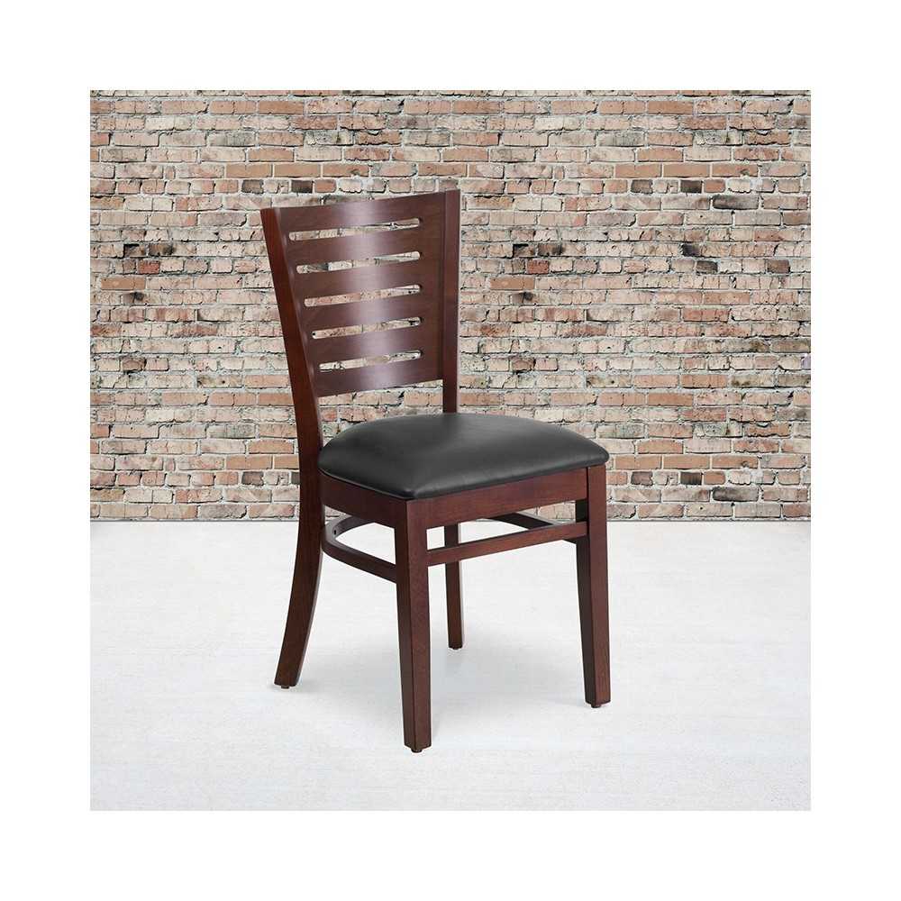 Darby Series Slat Back Walnut Wood Restaurant Chair - Black Vinyl Seat