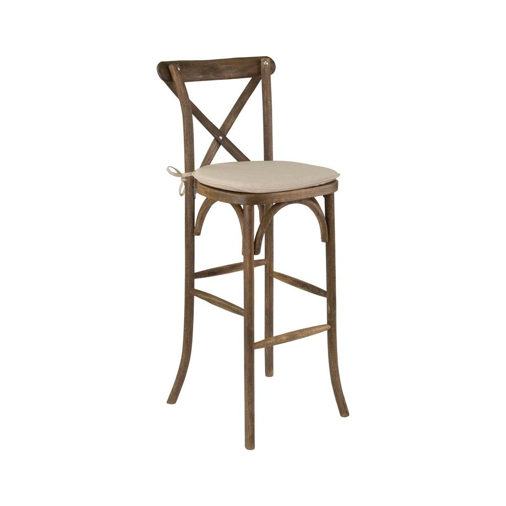 Dark Antique Wood Cross Back Barstool with Cushion