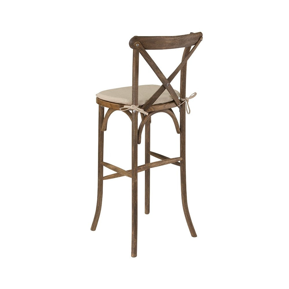 Dark Antique Wood Cross Back Barstool with Cushion