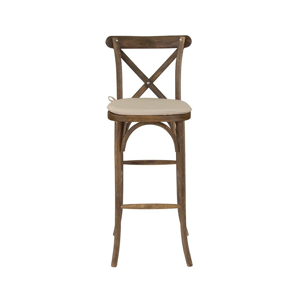 Dark Antique Wood Cross Back Barstool with Cushion