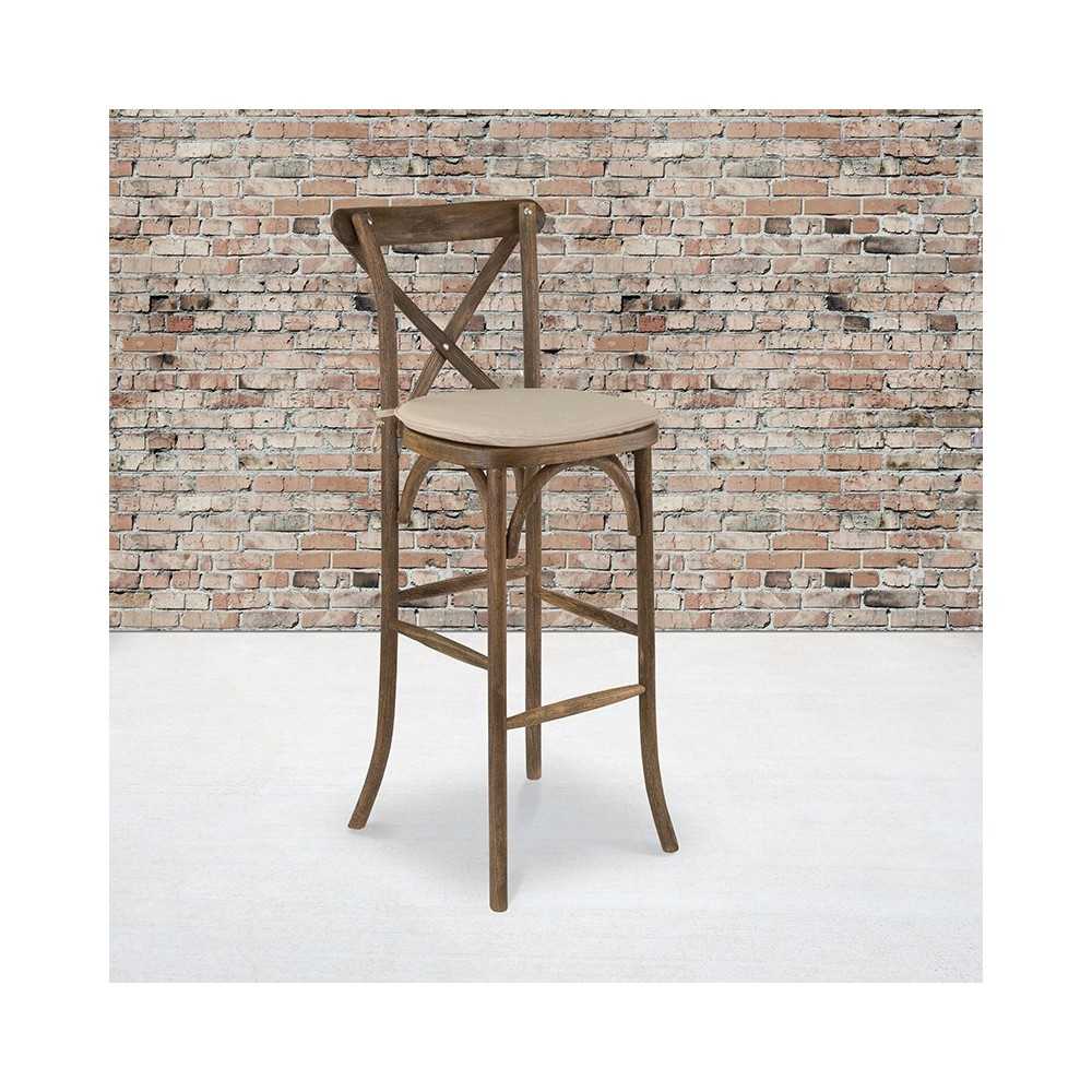 Dark Antique Wood Cross Back Barstool with Cushion