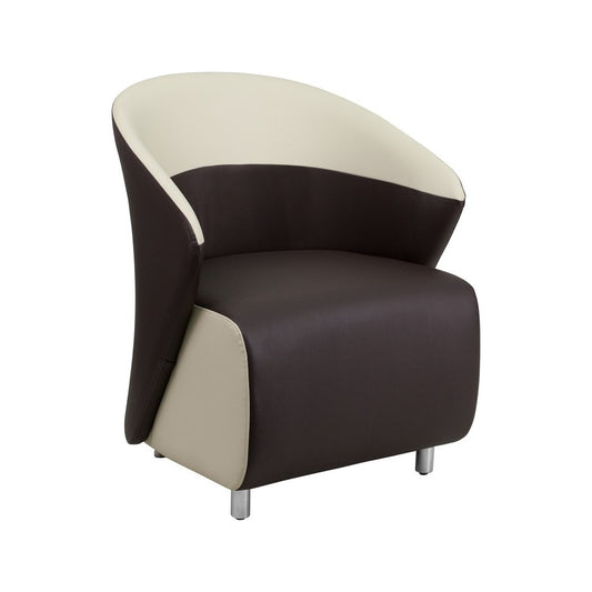 Dark Brown LeatherSoft Curved Barrel Back Lounge Chair with Beige Detailing