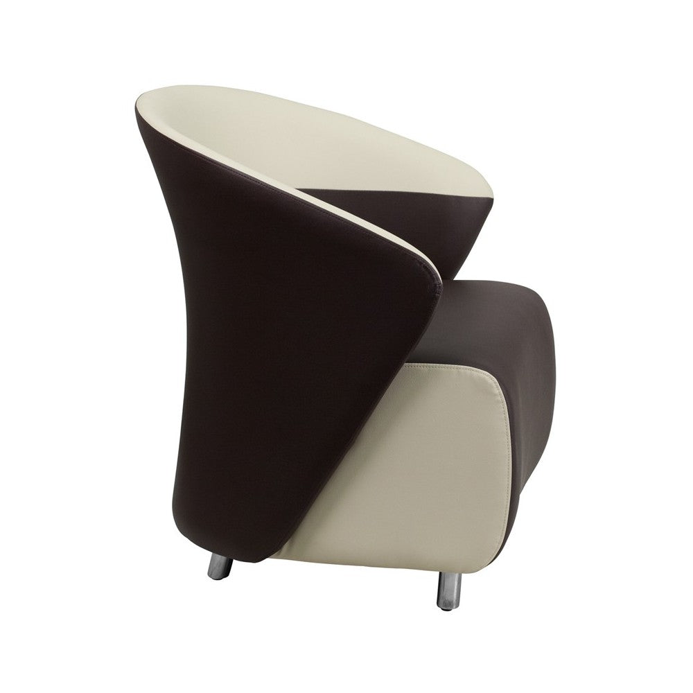 Dark Brown LeatherSoft Curved Barrel Back Lounge Chair with Beige Detailing