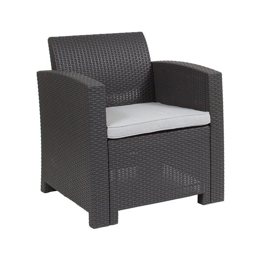 Dark Gray Faux Rattan Chair with All-Weather Light Gray Cushion