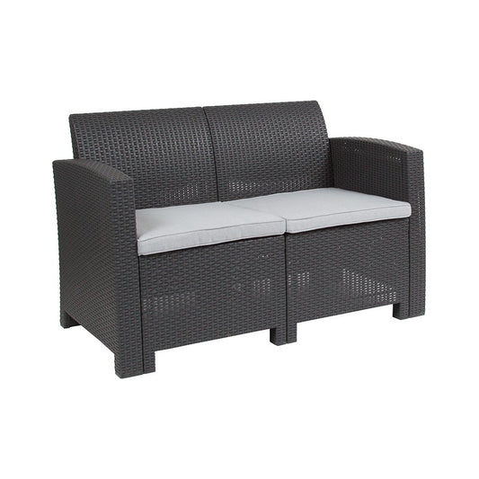 Dark Gray Faux Rattan Loveseat with All-Weather Light Gray Cushions