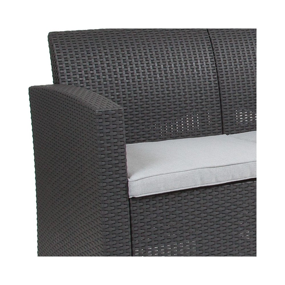 Dark Gray Faux Rattan Loveseat with All-Weather Light Gray Cushions