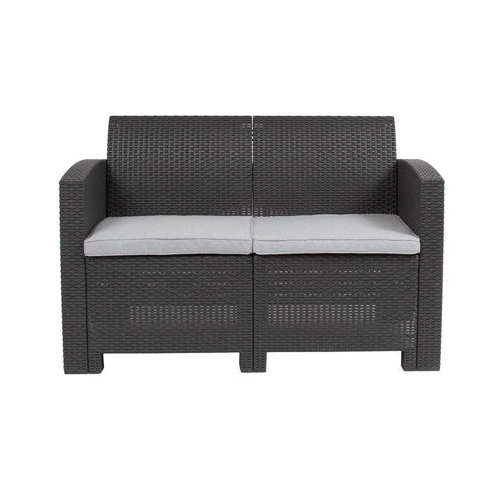 Dark Gray Faux Rattan Loveseat with All-Weather Light Gray Cushions