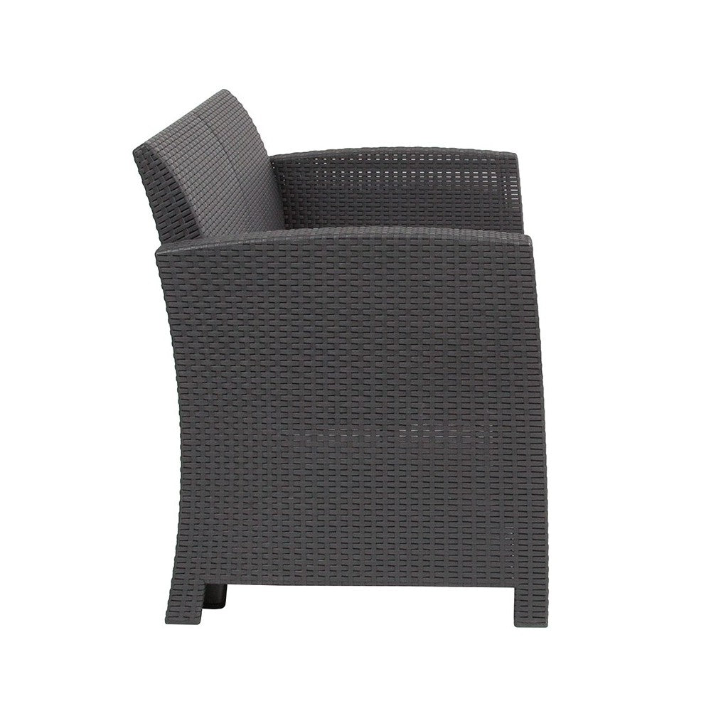 Dark Gray Faux Rattan Loveseat with All-Weather Light Gray Cushions