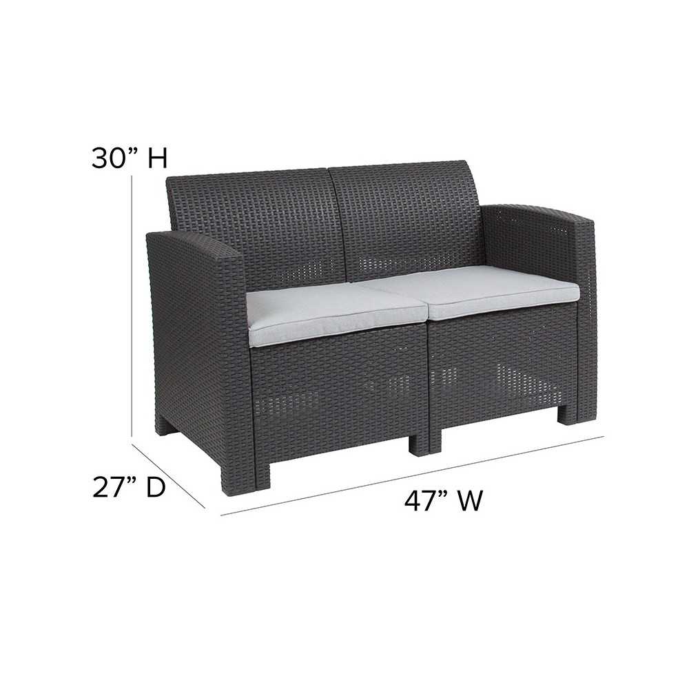 Dark Gray Faux Rattan Loveseat with All-Weather Light Gray Cushions