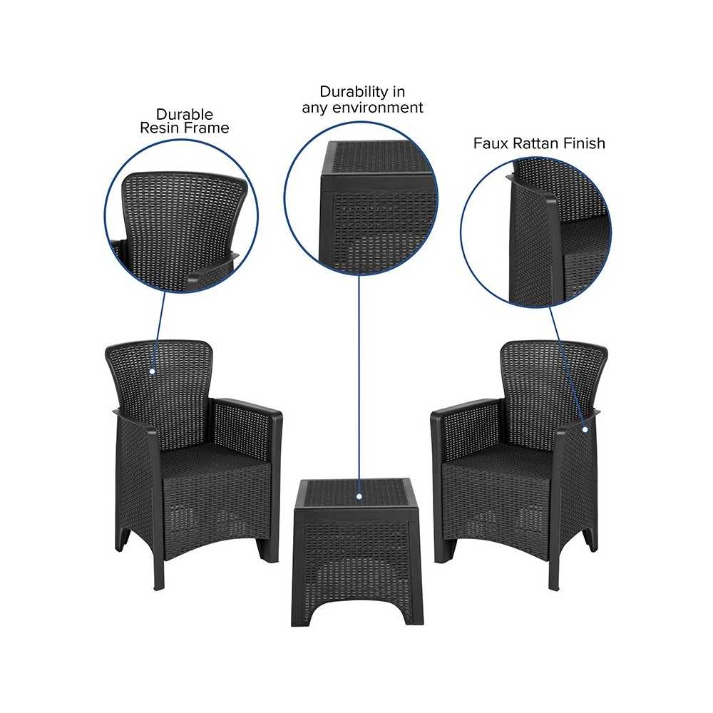 Dark Gray Faux Rattan Plastic Chair Set with Matching Side Table