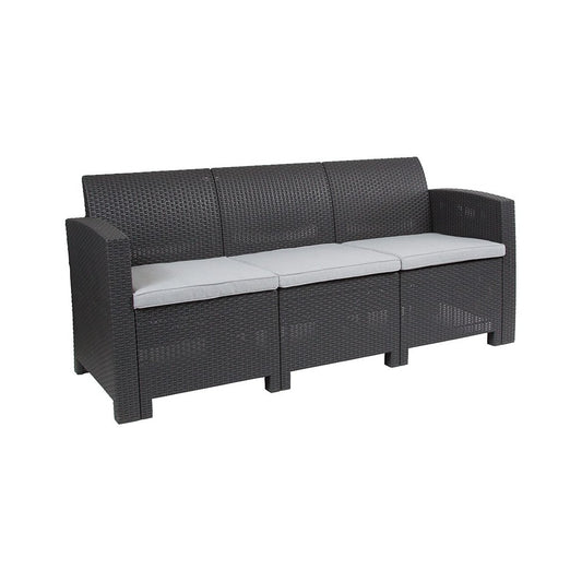 Dark Gray Faux Rattan Sofa with All-Weather Light Gray Cushions
