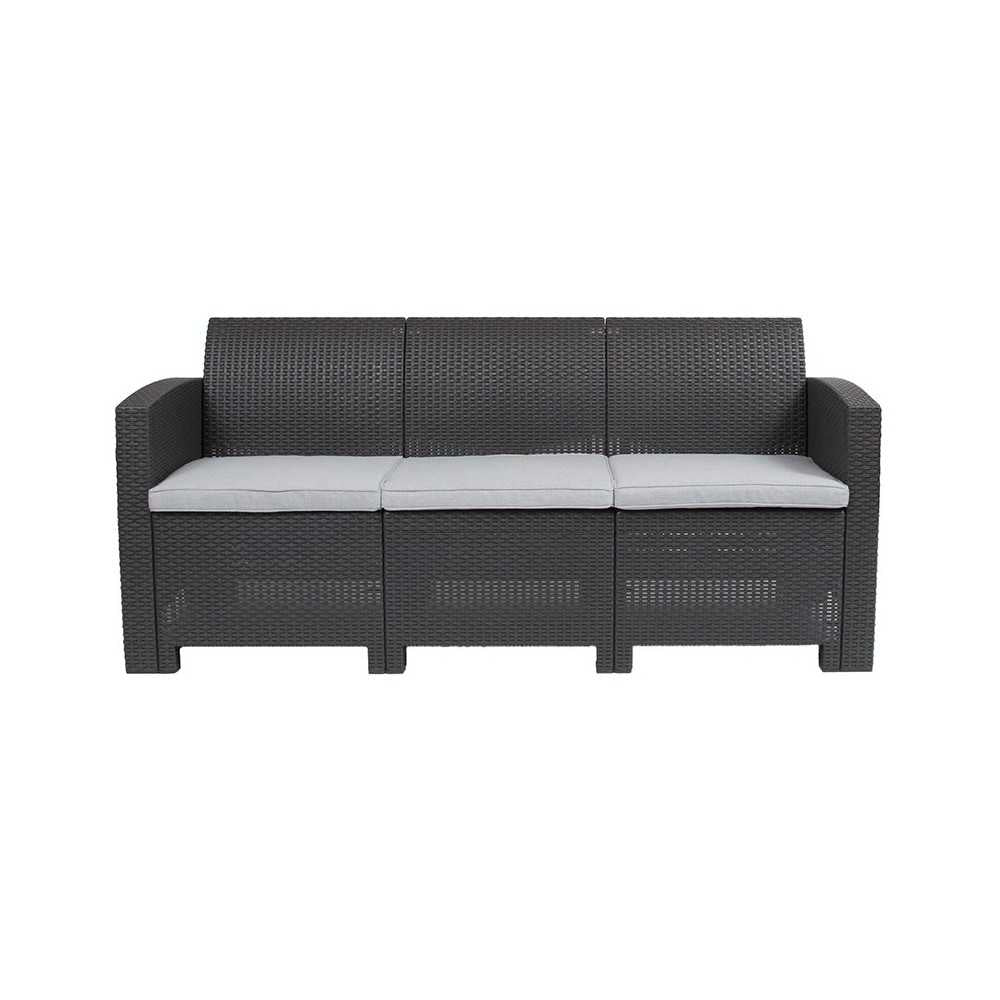 Dark Gray Faux Rattan Sofa with All-Weather Light Gray Cushions