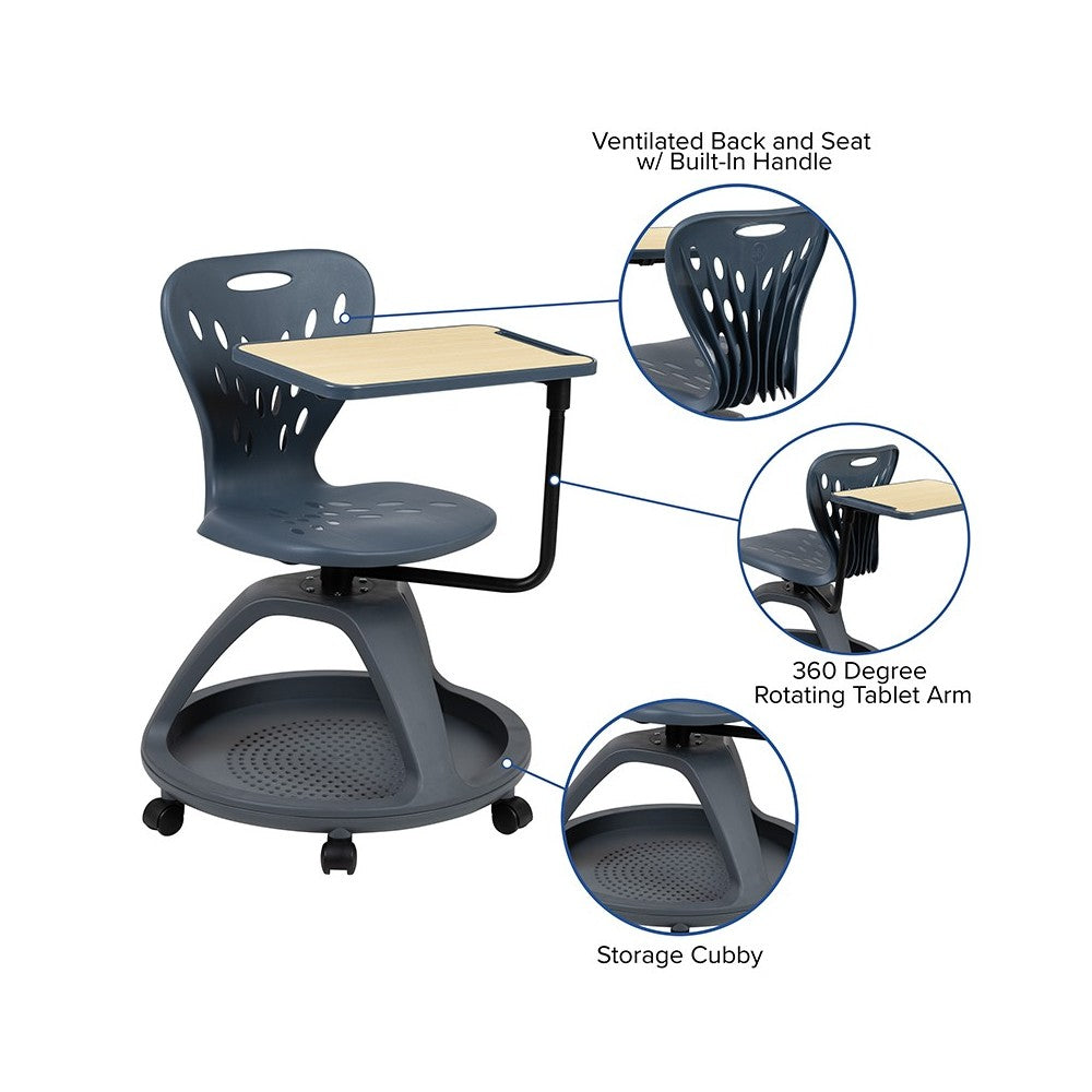 Dark Gray Mobile Desk Chair with 360 Degree Tablet Rotation and Under Seat Storage Cubby
