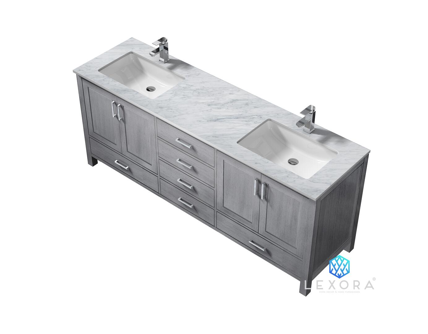 Jacques 80" Distressed Grey Double Vanity, White Carrara Marble Top, White Square Sinks and no Mirror