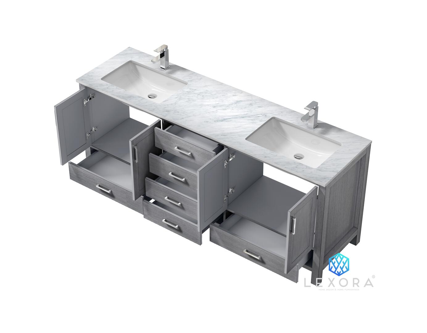 Jacques 80" Distressed Grey Double Vanity, White Carrara Marble Top, White Square Sinks and no Mirror