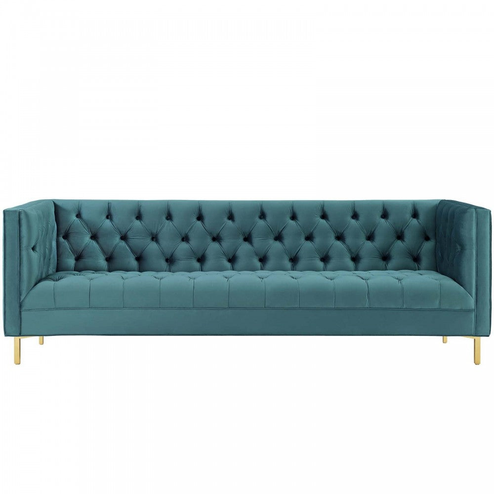 Delight Tufted Button Performance Velvet Sofa, Sea Blue