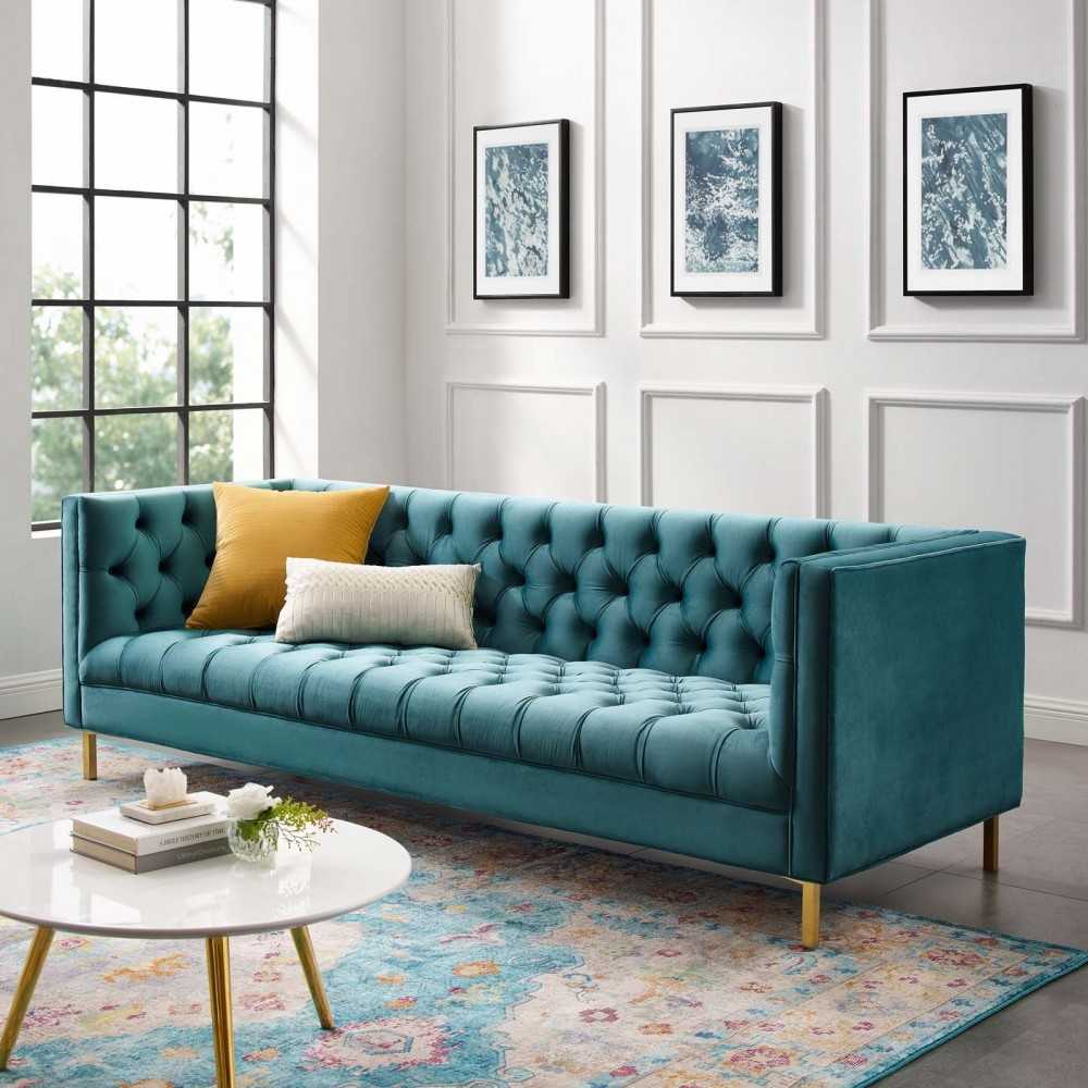 Delight Tufted Button Performance Velvet Sofa, Sea Blue