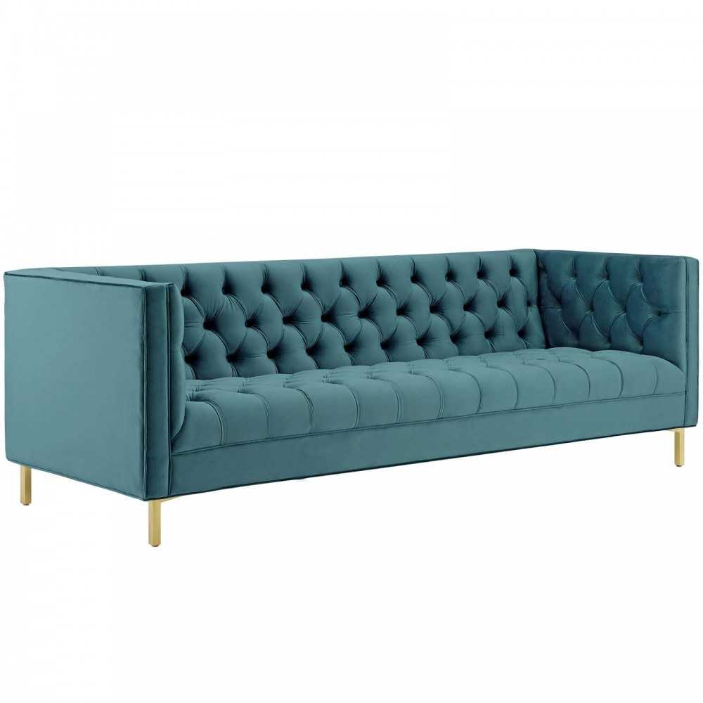 Delight Tufted Button Performance Velvet Sofa, Sea Blue