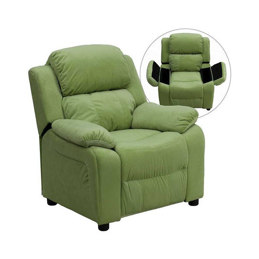 Deluxe Padded Contemporary Avocado Microfiber Kids Recliner with Storage Arms