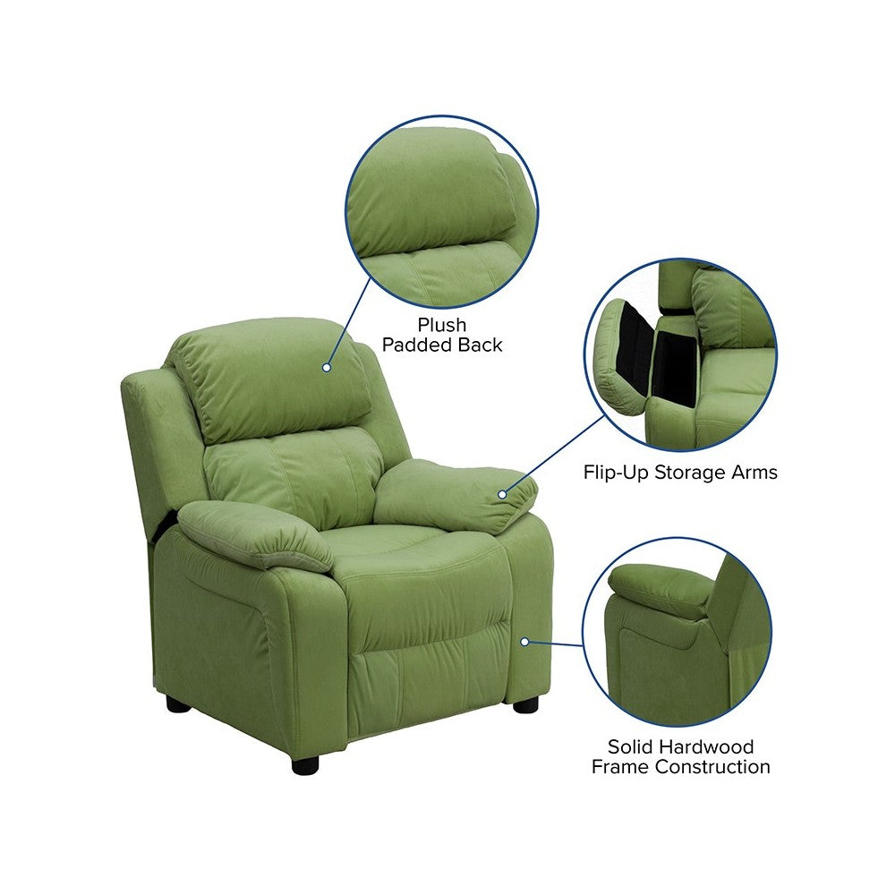 Deluxe Padded Contemporary Avocado Microfiber Kids Recliner with Storage Arms