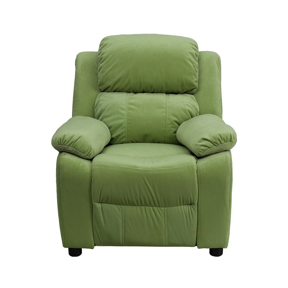Deluxe Padded Contemporary Avocado Microfiber Kids Recliner with Storage Arms