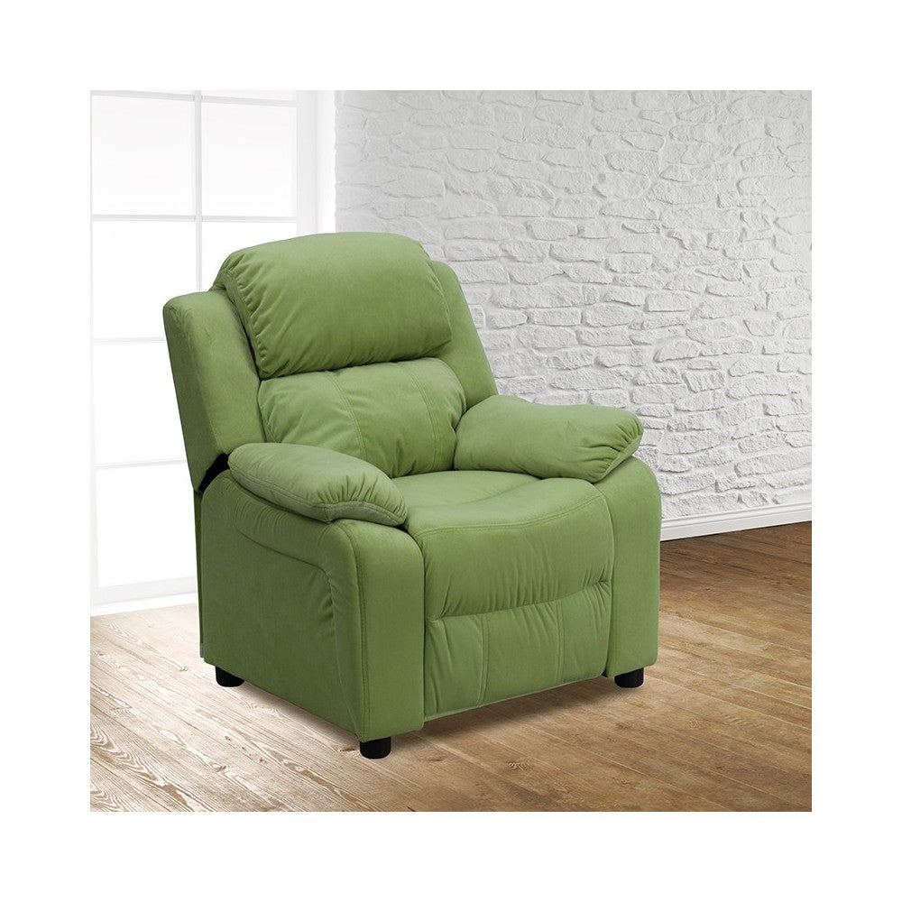 Deluxe Padded Contemporary Avocado Microfiber Kids Recliner with Storage Arms
