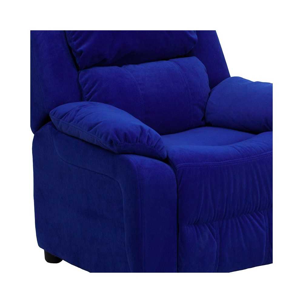 Deluxe Padded Contemporary Blue Microfiber Kids Recliner with Storage Arms