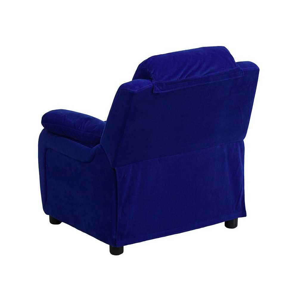 Deluxe Padded Contemporary Blue Microfiber Kids Recliner with Storage Arms