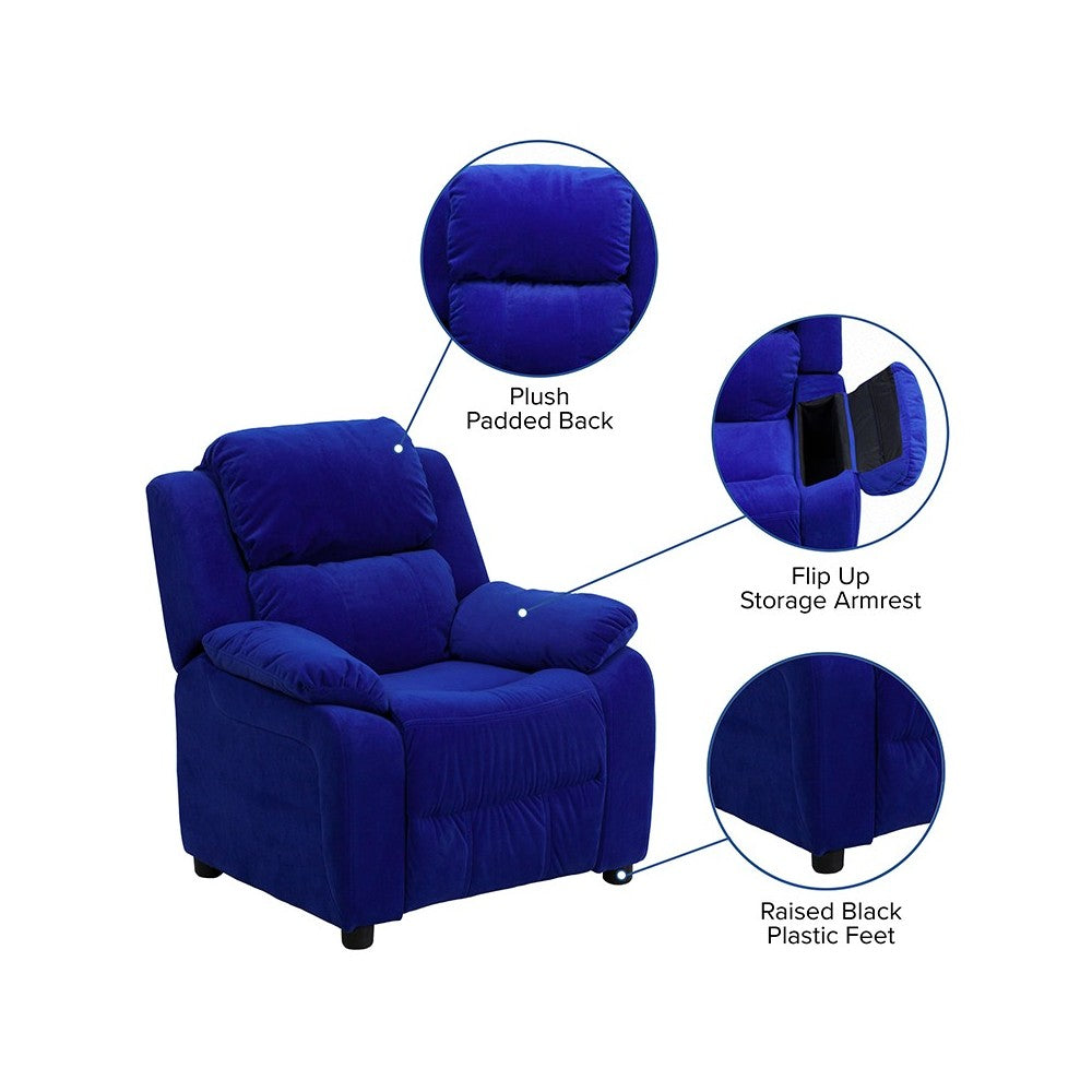 Deluxe Padded Contemporary Blue Microfiber Kids Recliner with Storage Arms