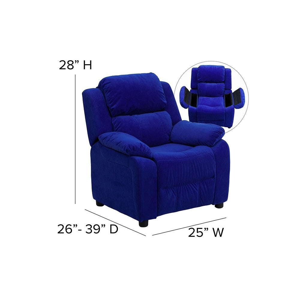 Deluxe Padded Contemporary Blue Microfiber Kids Recliner with Storage Arms