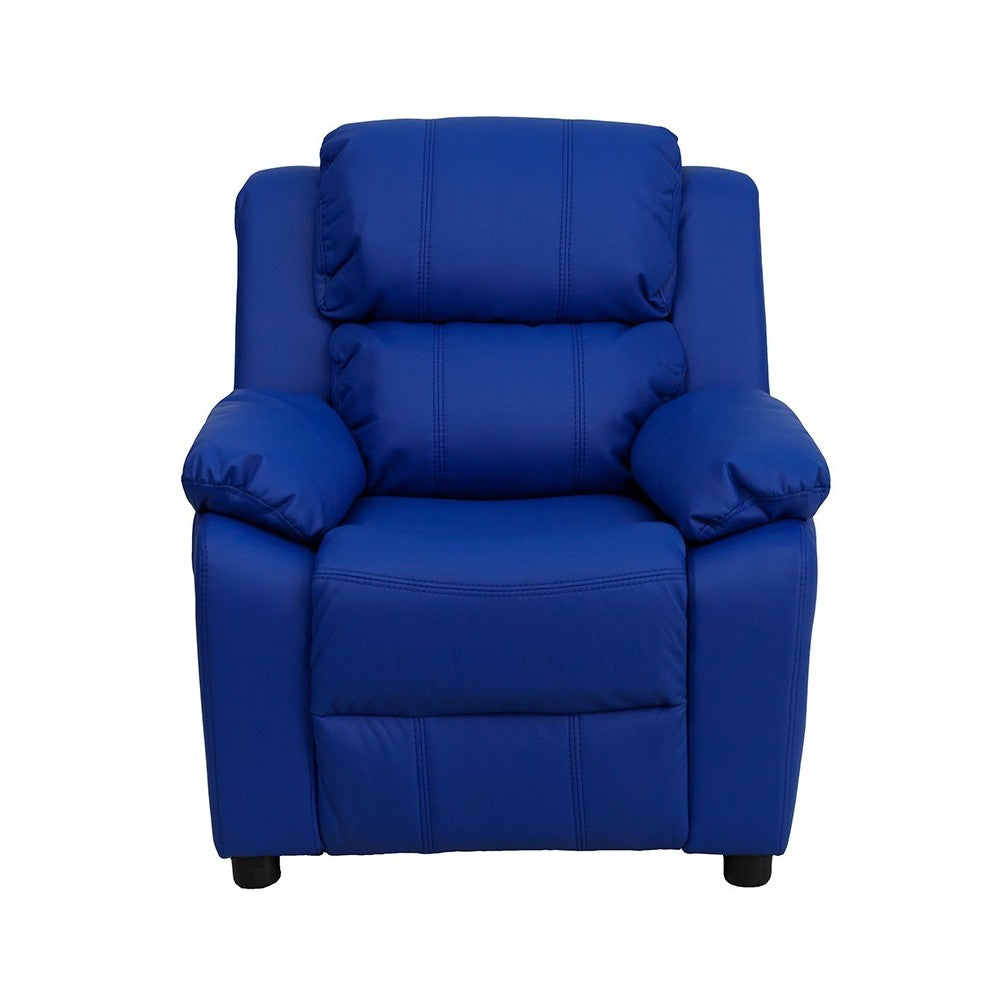 Deluxe Padded Contemporary Blue Vinyl Kids Recliner with Storage Arms