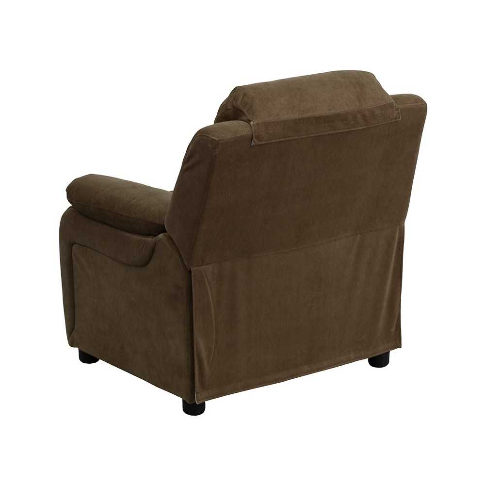 Deluxe Padded Contemporary Brown Microfiber Kids Recliner with Storage Arms