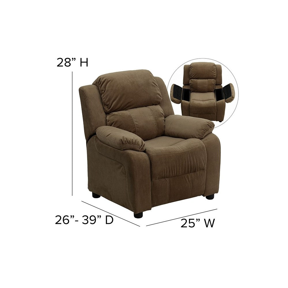 Deluxe Padded Contemporary Brown Microfiber Kids Recliner with Storage Arms