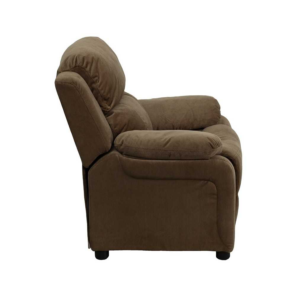 Deluxe Padded Contemporary Brown Microfiber Kids Recliner with Storage Arms